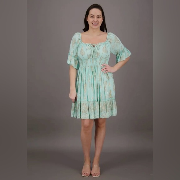 Dresses & Skirts - Mint Green Rayon Boho Dress with Ruffled Sleeves 24942